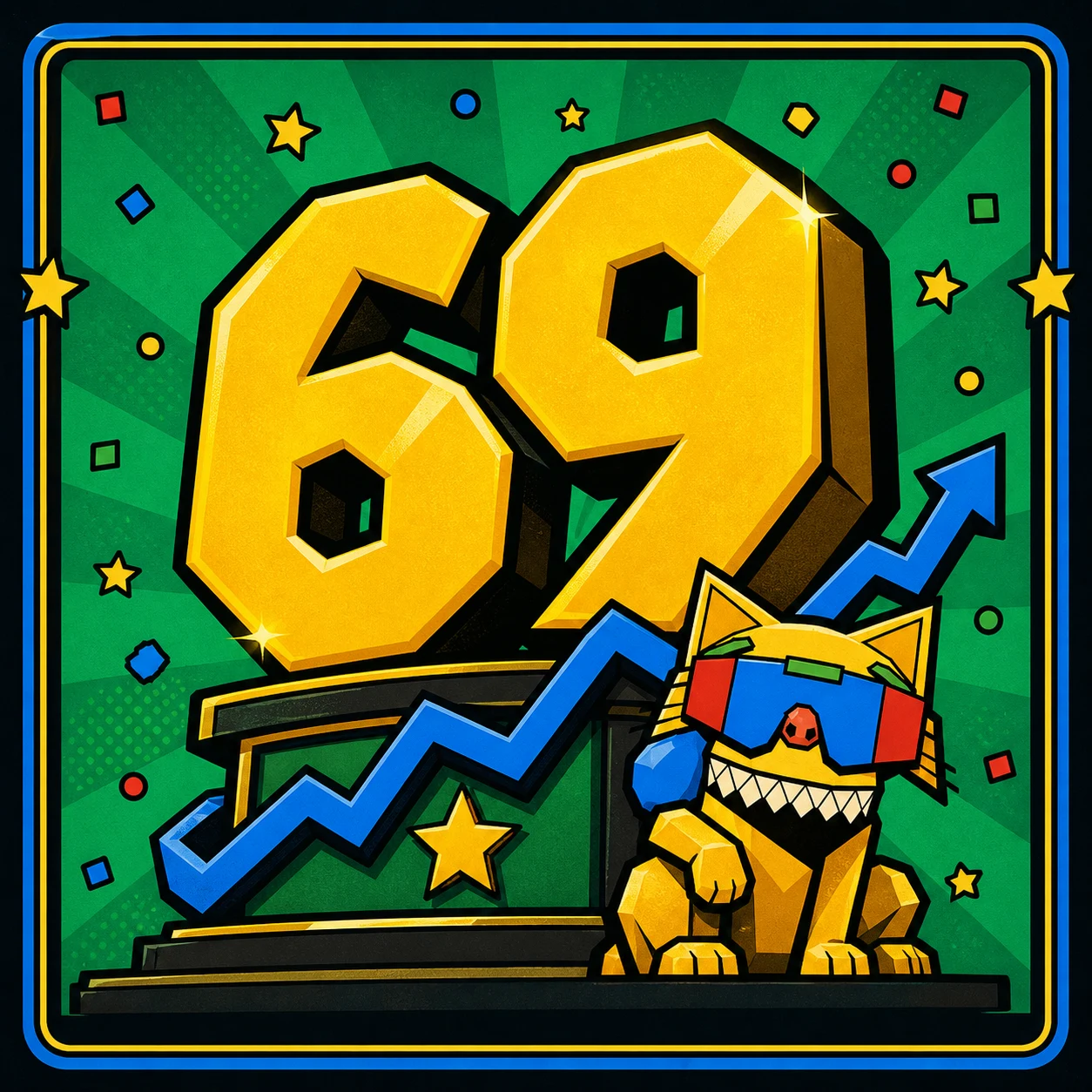 Golden 69 trophy and market cat on a green poster